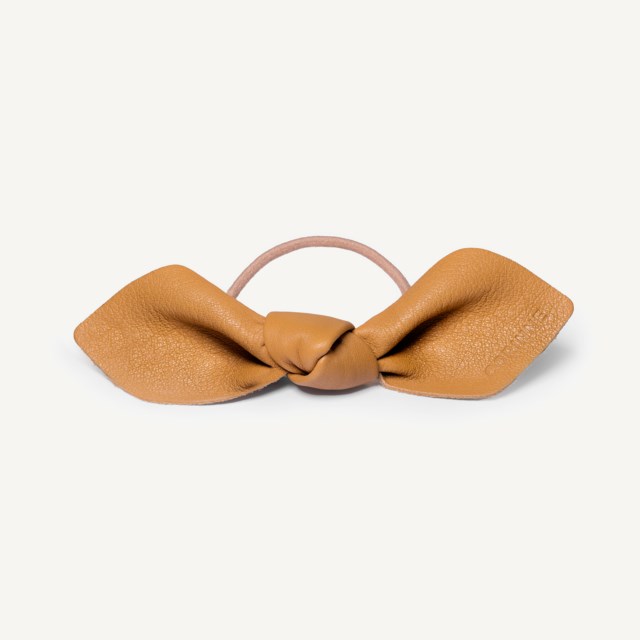 Leather Bow Big Hair Tie Camel